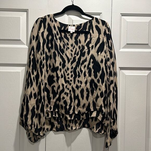 Parker Tops - Parker Black & Tan Leopard Print Blouse, Size Medium